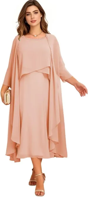 2 Pieces Chiffon Mother of The Bride Dresses for Wedding Long Sleeve Formal Evening Dress with Jacket