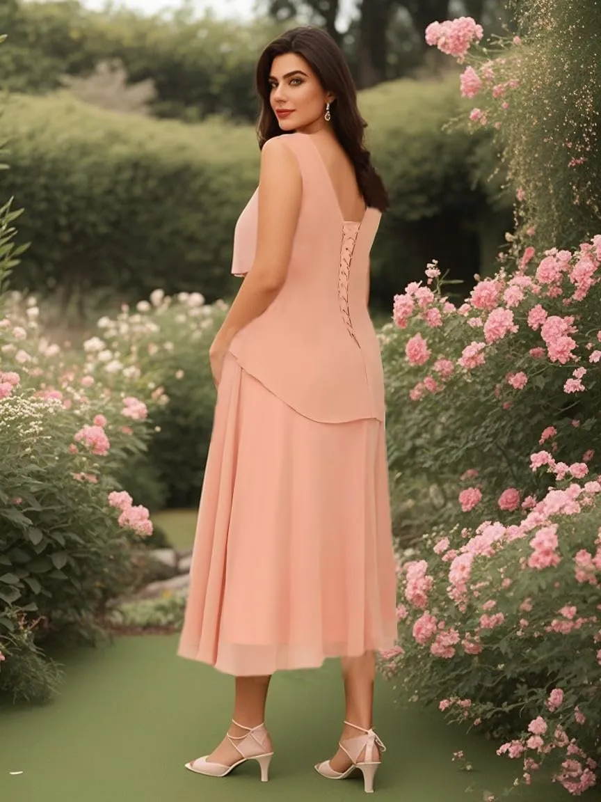 2 Pieces Chiffon Mother of The Bride Dresses for Wedding Long Sleeve Formal Evening Dress with Jacket
