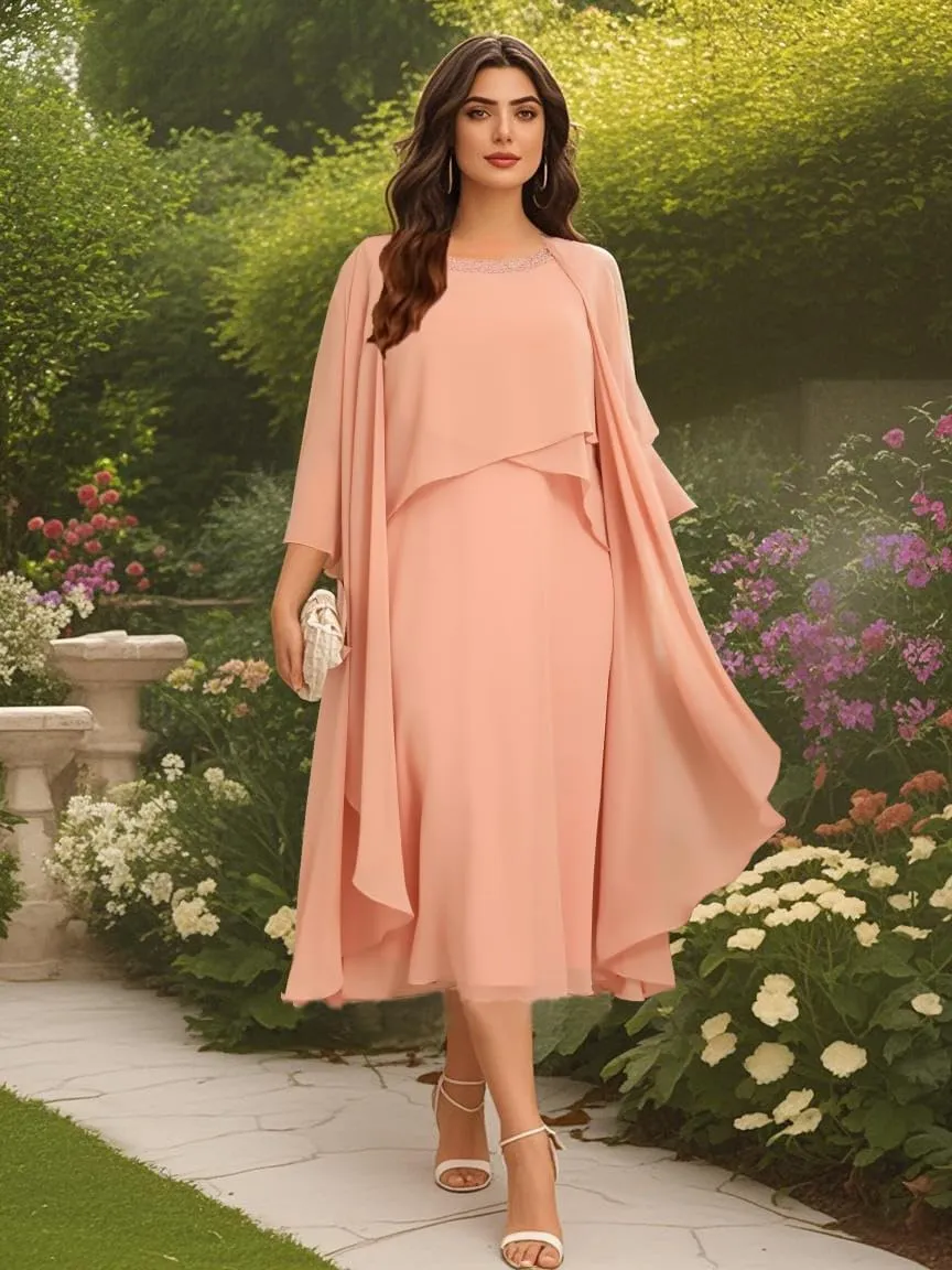 2 Pieces Chiffon Mother of The Bride Dresses for Wedding Long Sleeve Formal Evening Dress with Jacket