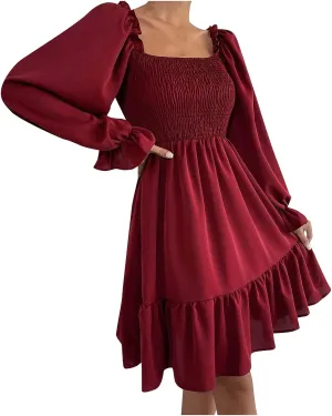 2024 Smocked Ruffle Mini Dress Women Frill Square Neck Long Sleeve Party Dress Cute Cottagecore Wedding Guest Dress