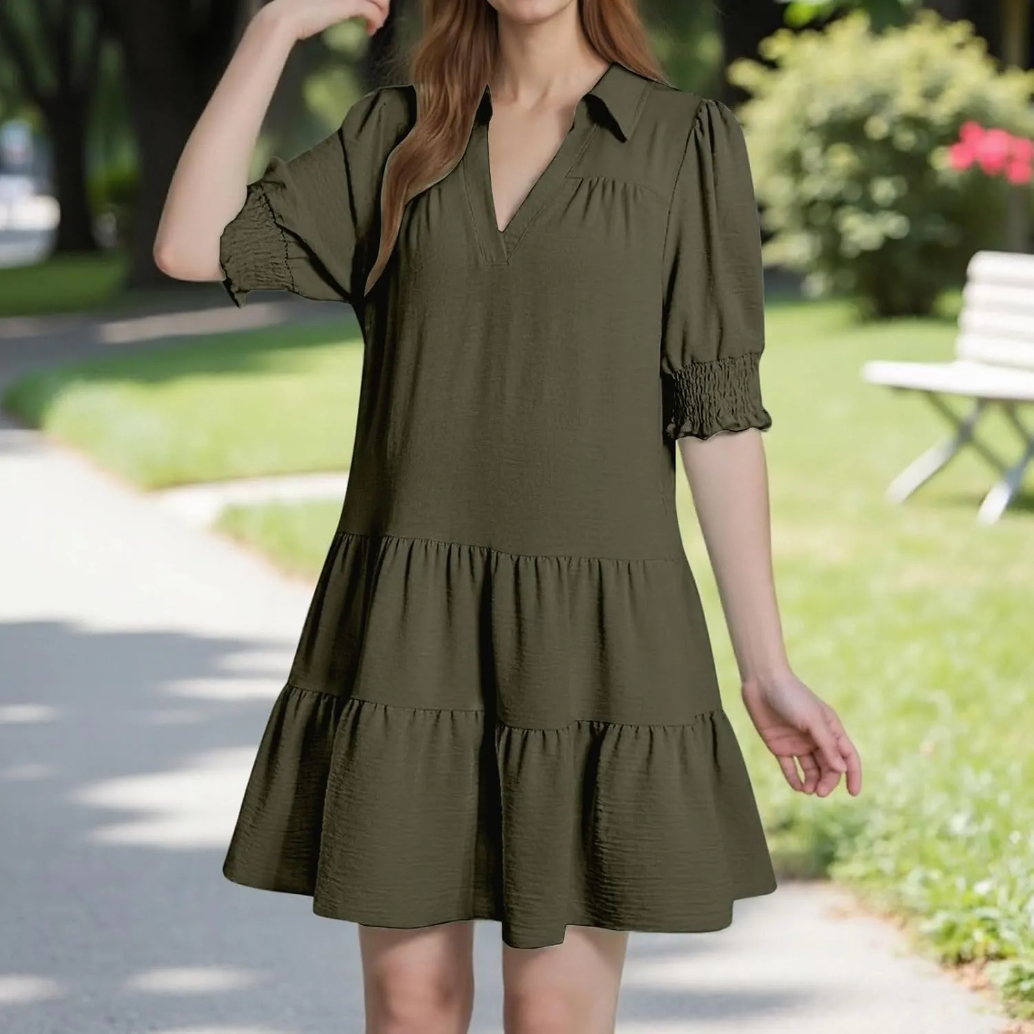 2025 Casual Dresses for Women Lapel Collared V Neck Mid Sleeved Pleated Summer Midi Dresses