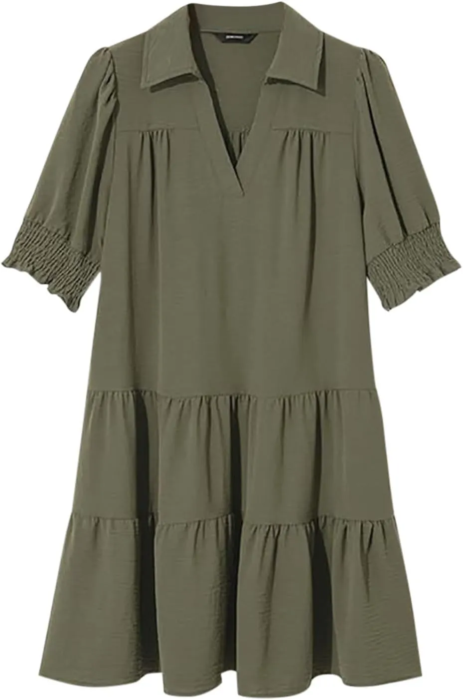 2025 Casual Dresses for Women Lapel Collared V Neck Mid Sleeved Pleated Summer Midi Dresses