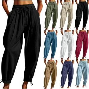 2025 Summer Linen Pants for Womens Baggy Cropped Trousers Drawstring High Waist Lounge Pants Beach Slacks with Pockets