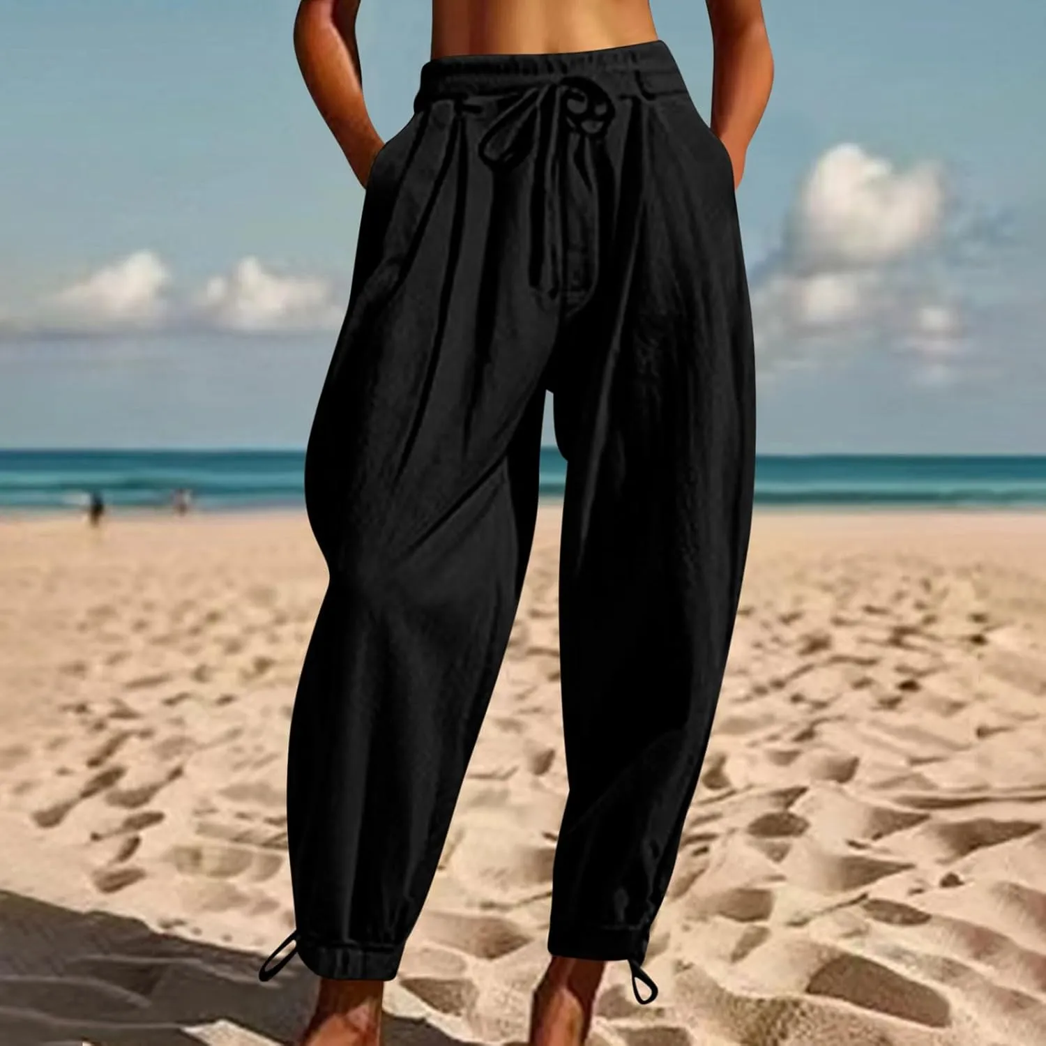 2025 Summer Linen Pants for Womens Baggy Cropped Trousers Drawstring High Waist Lounge Pants Beach Slacks with Pockets