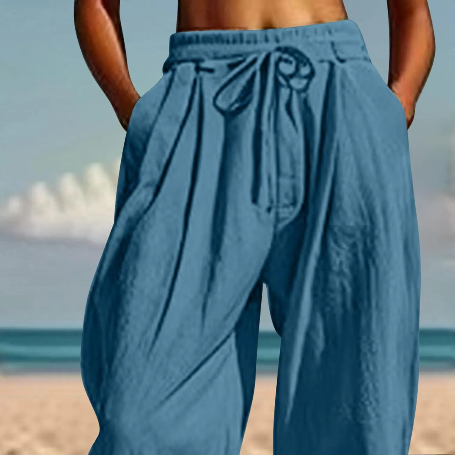 2025 Summer Linen Pants for Womens Baggy Cropped Trousers Drawstring High Waist Lounge Pants Beach Slacks with Pockets