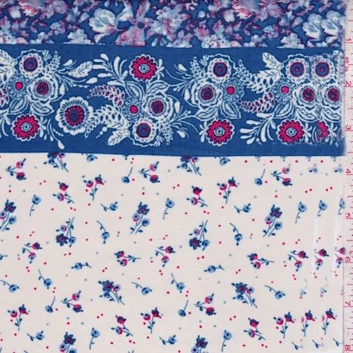 4 YD PC-Parchment/Blue Floral Stripe Rayon Challis Fabric