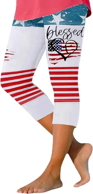 4th of July Capri Leggings for Women Plus Size Summer High Waist American Flag Yoga Pants Patriotic Cropped Trousers