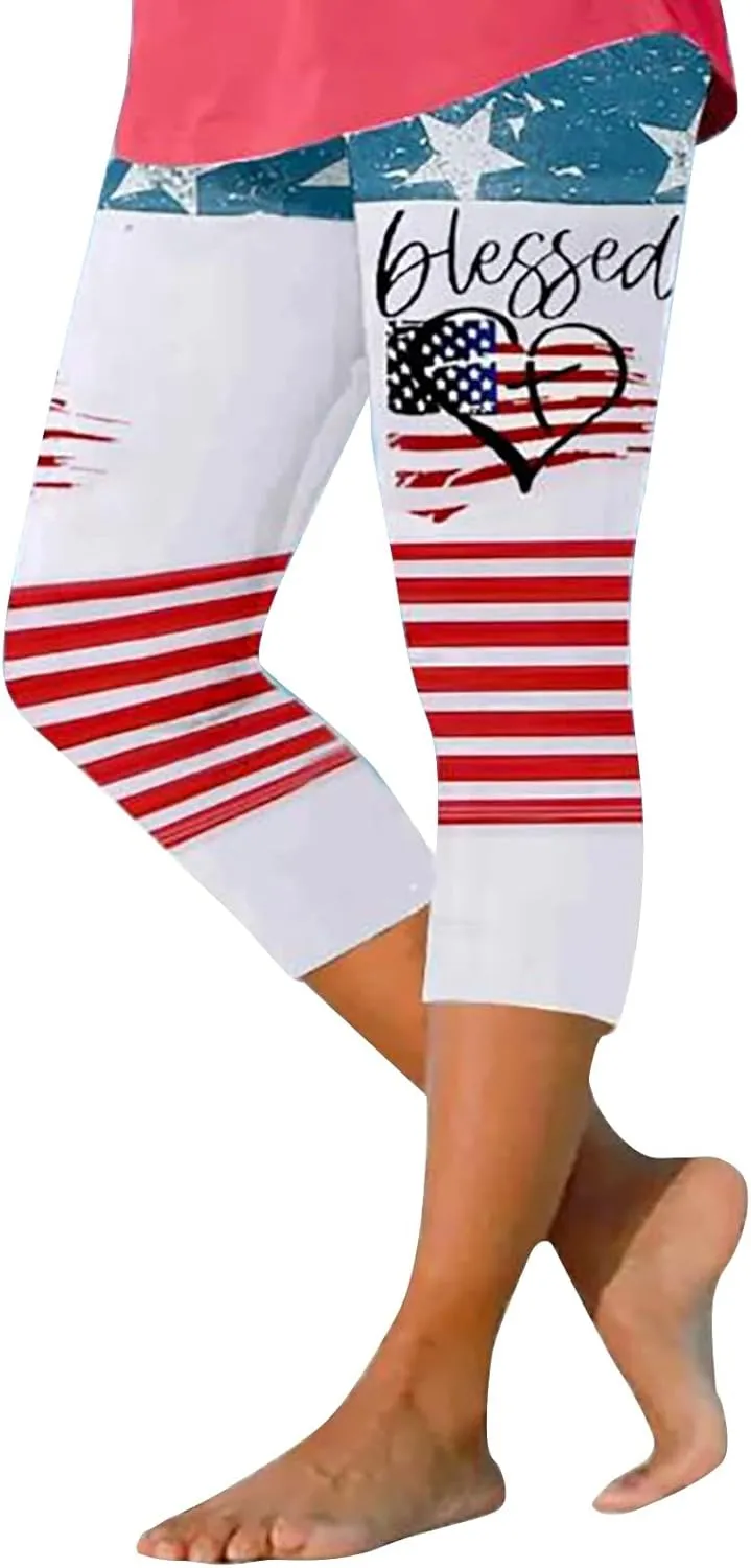 4th of July Capri Leggings for Women Plus Size Summer High Waist American Flag Yoga Pants Patriotic Cropped Trousers