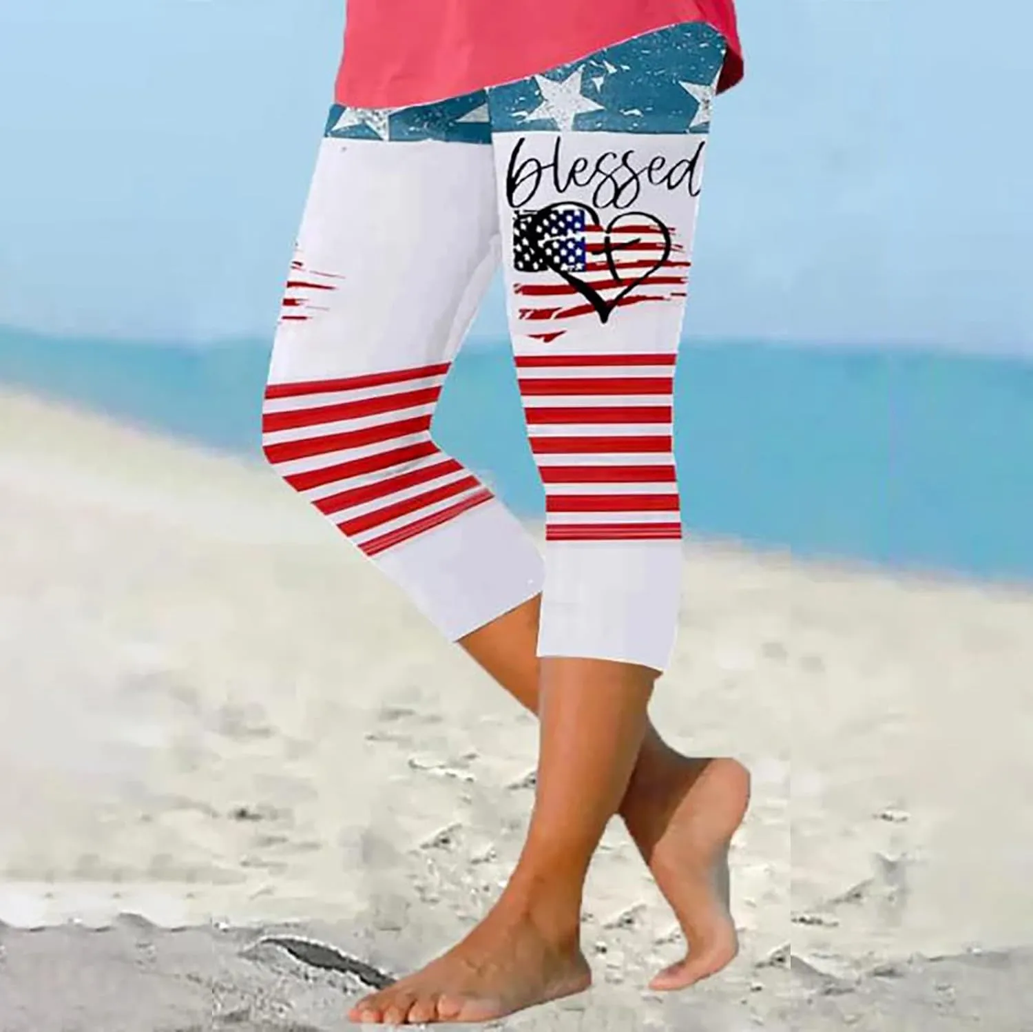 4th of July Capri Leggings for Women Plus Size Summer High Waist American Flag Yoga Pants Patriotic Cropped Trousers