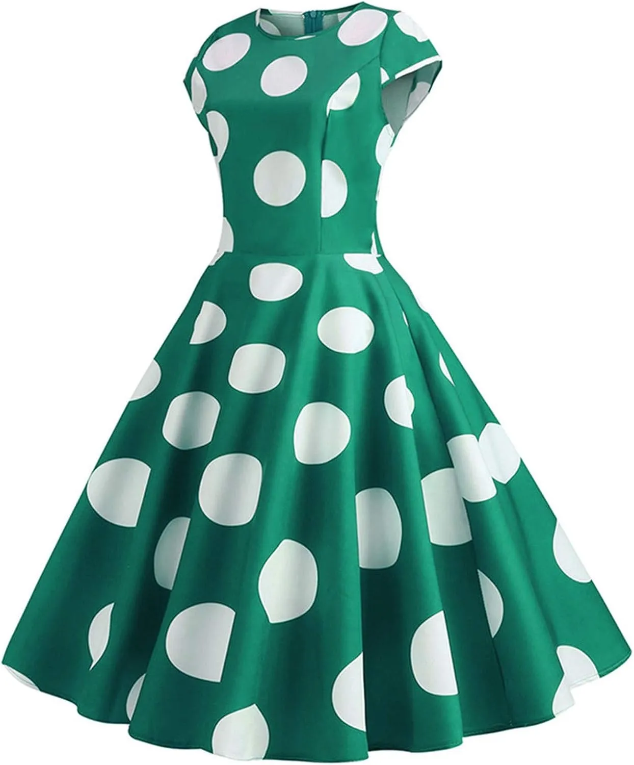 50s Outfits for Women Polka Dots Cap Sleeve Crew Neck Midi Sundress Rockabilly Swing A-Line Cocktail Party Dresses