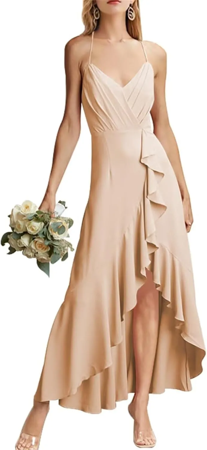 A Line Bridesmaid Dresses for Women Chiffon High Waist Formal Maid of Honor Evening Gowns Hi Low Prom Gowns