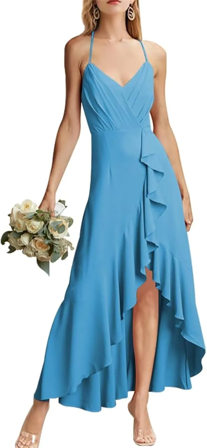 A Line Bridesmaid Dresses for Women Chiffon High Waist Formal Maid of Honor Evening Gowns Hi Low Prom Gowns