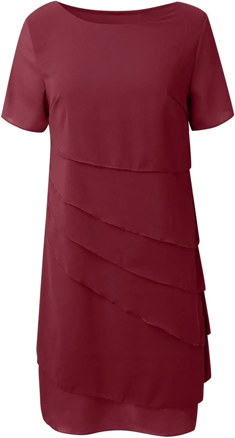 Akivide Women's Elegant Layered Chiffon Midi Dress Summer Flowy Flutter Short Sleeve Wedding Cocktail Party Dress