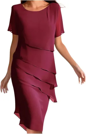 Akivide Women's Elegant Layered Chiffon Midi Dress Summer Flowy Flutter Short Sleeve Wedding Cocktail Party Dress