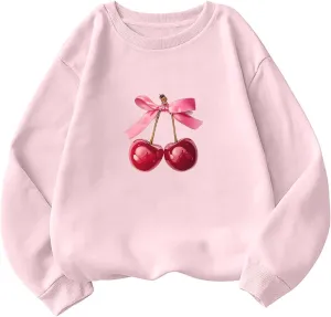 Akklian Cute Sweatshirt for Women Cherry Bow Print Long Sleeve Kawaii Pullover Oversized Loose Teen Girl Preppy Clothes Pink