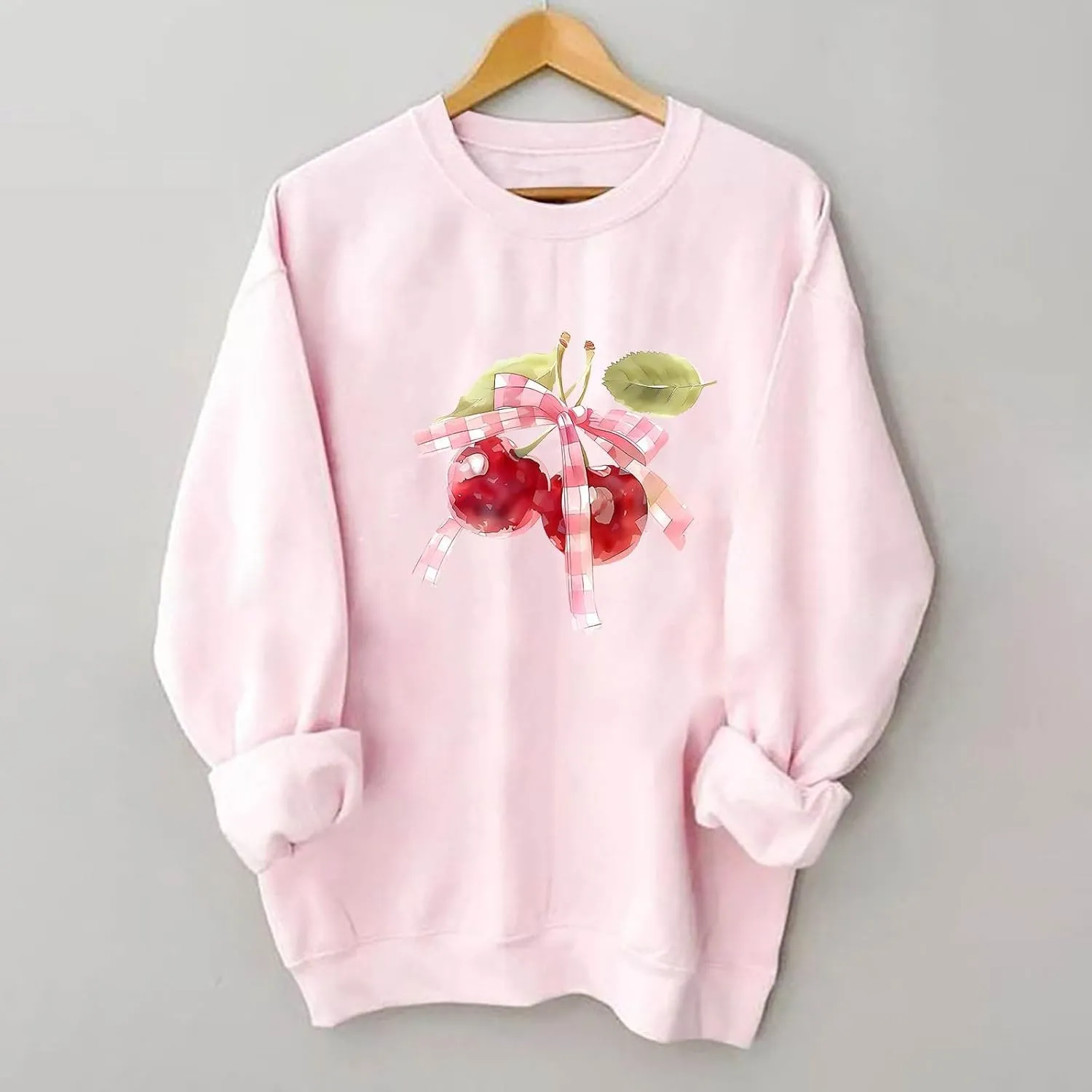 Akklian Cute Sweatshirt for Women Cherry Bow Print Long Sleeve Kawaii Pullover Oversized Loose Teen Girl Preppy Clothes Pink