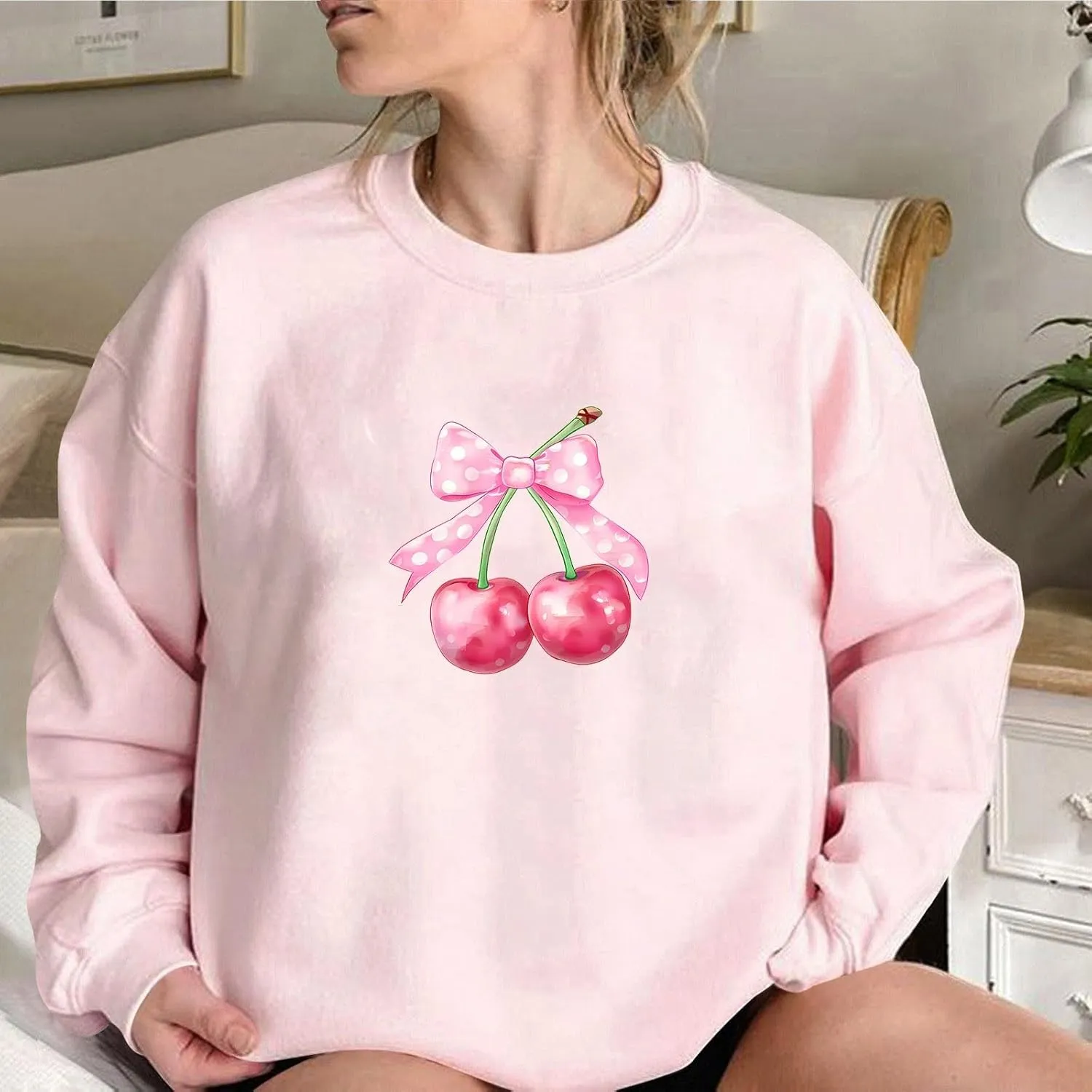 Akklian Cute Sweatshirt for Women Cherry Bow Print Long Sleeve Kawaii Pullover Oversized Loose Teen Girl Preppy Clothes Pink