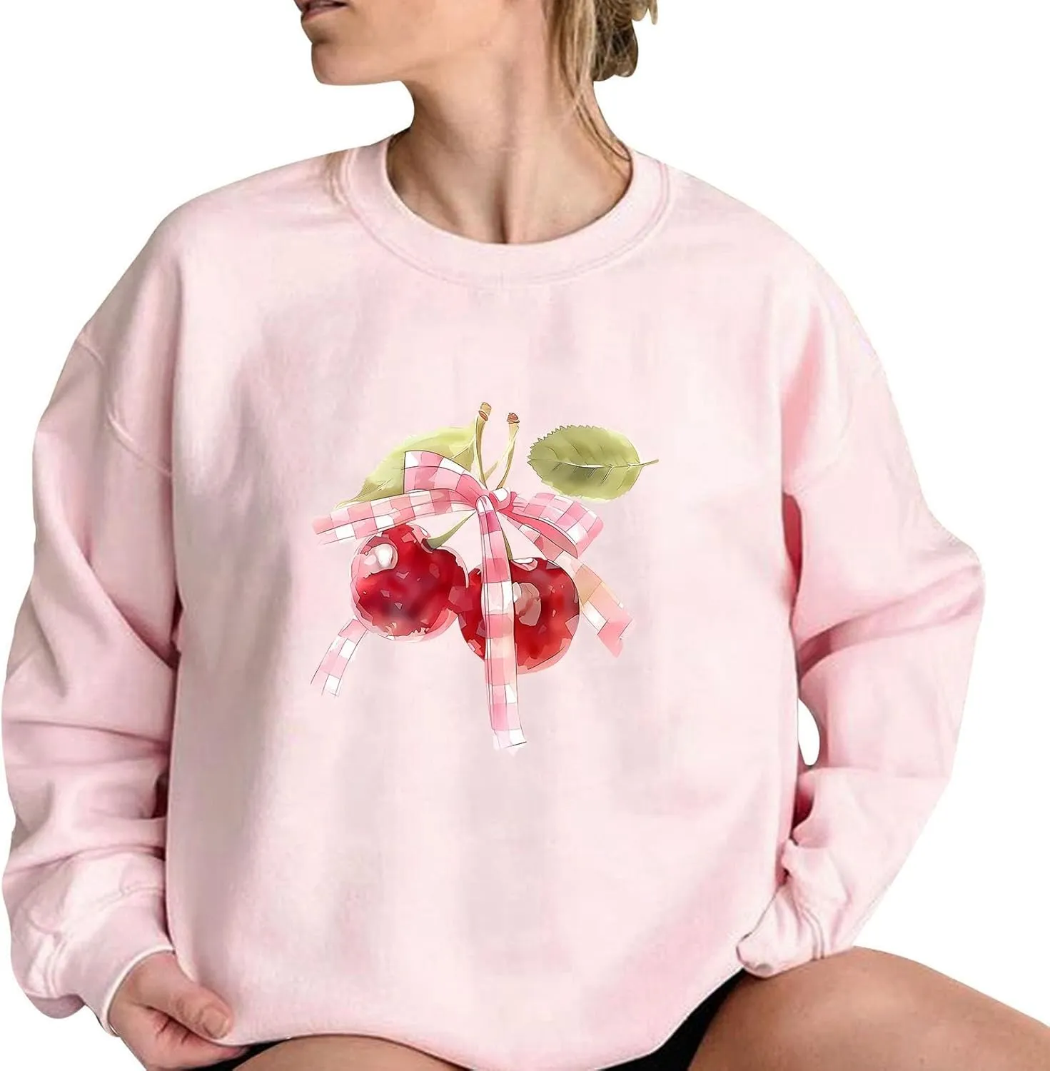 Akklian Cute Sweatshirt for Women Cherry Bow Print Long Sleeve Kawaii Pullover Oversized Loose Teen Girl Preppy Clothes Pink