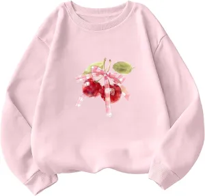 Akklian Cute Sweatshirt for Women Cherry Bow Print Long Sleeve Kawaii Pullover Oversized Loose Teen Girl Preppy Clothes Pink