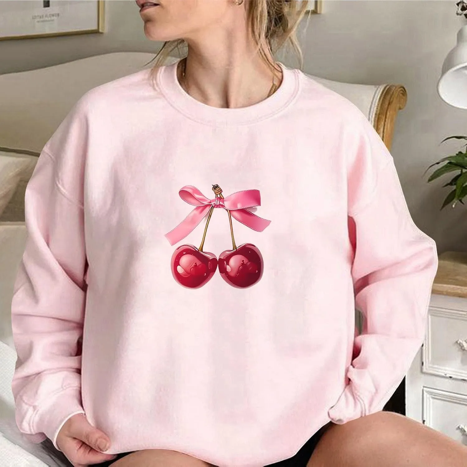 Akklian Cute Sweatshirt for Women Cherry Bow Print Long Sleeve Kawaii Pullover Oversized Loose Teen Girl Preppy Clothes Pink