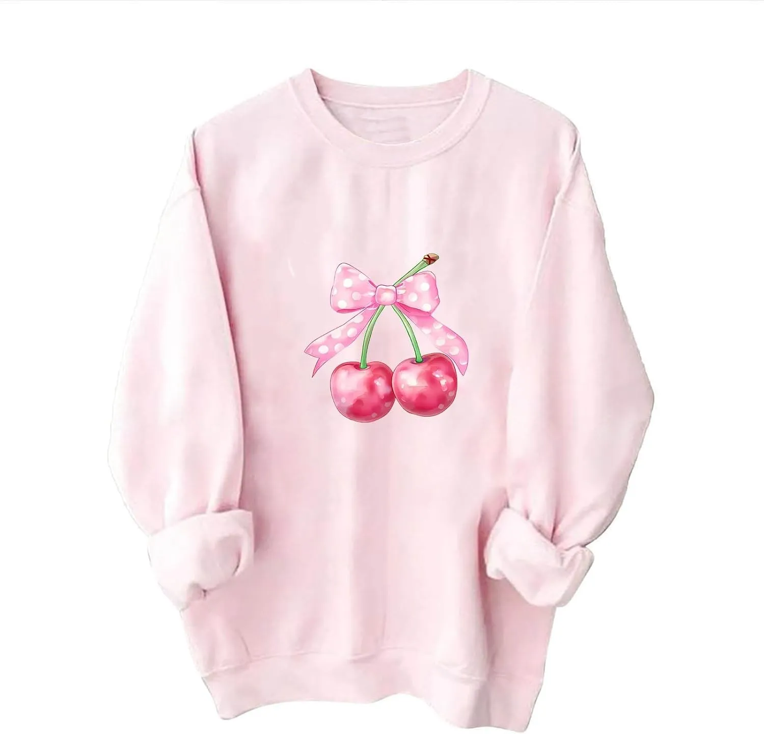 Akklian Cute Sweatshirt for Women Cherry Bow Print Long Sleeve Kawaii Pullover Oversized Loose Teen Girl Preppy Clothes Pink
