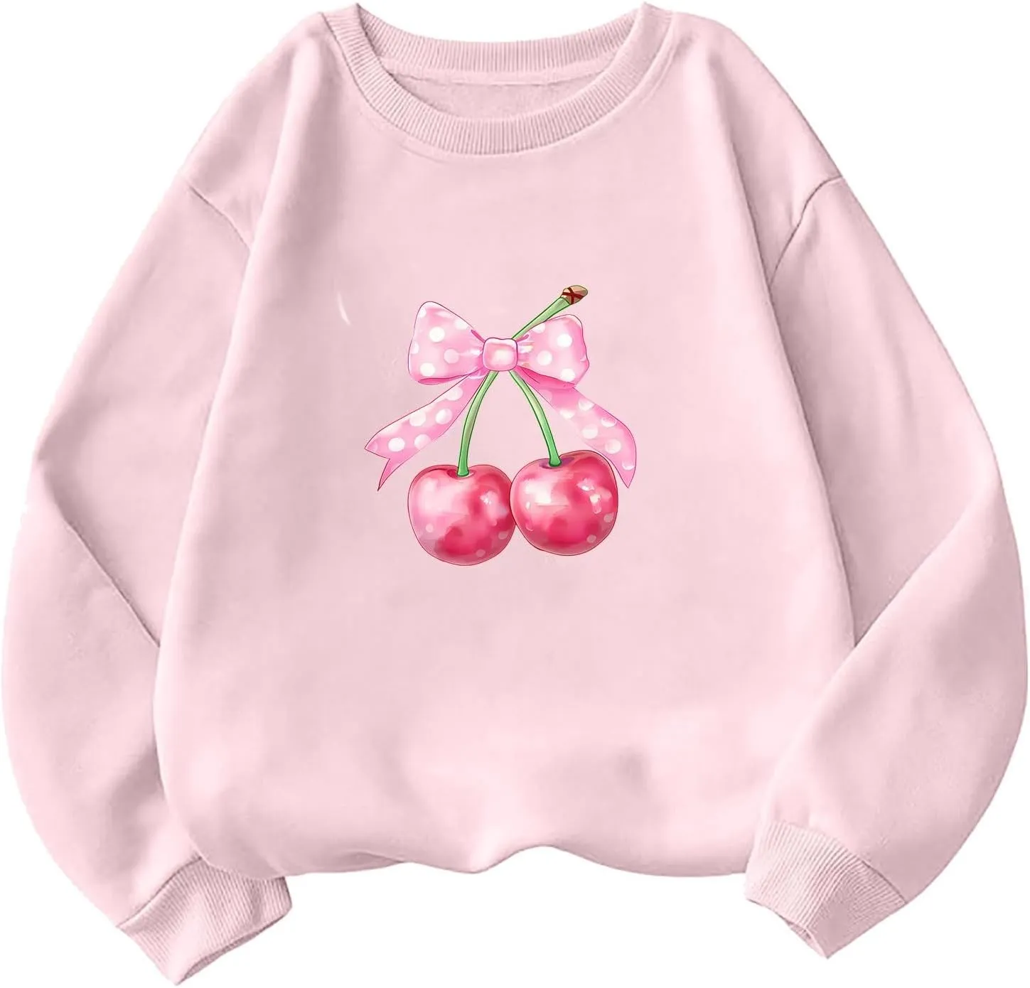 Akklian Cute Sweatshirt for Women Cherry Bow Print Long Sleeve Kawaii Pullover Oversized Loose Teen Girl Preppy Clothes Pink