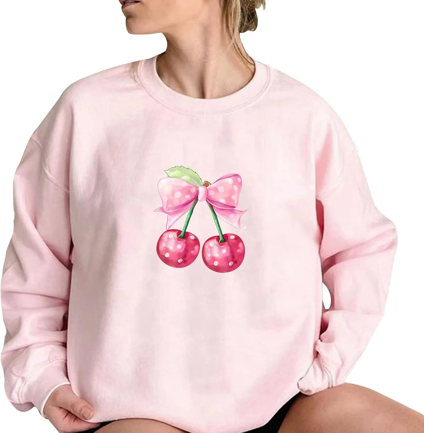 Akklian Cute Sweatshirt for Women Cherry Bow Print Long Sleeve Kawaii Pullover Oversized Loose Teen Girl Preppy Clothes Pink