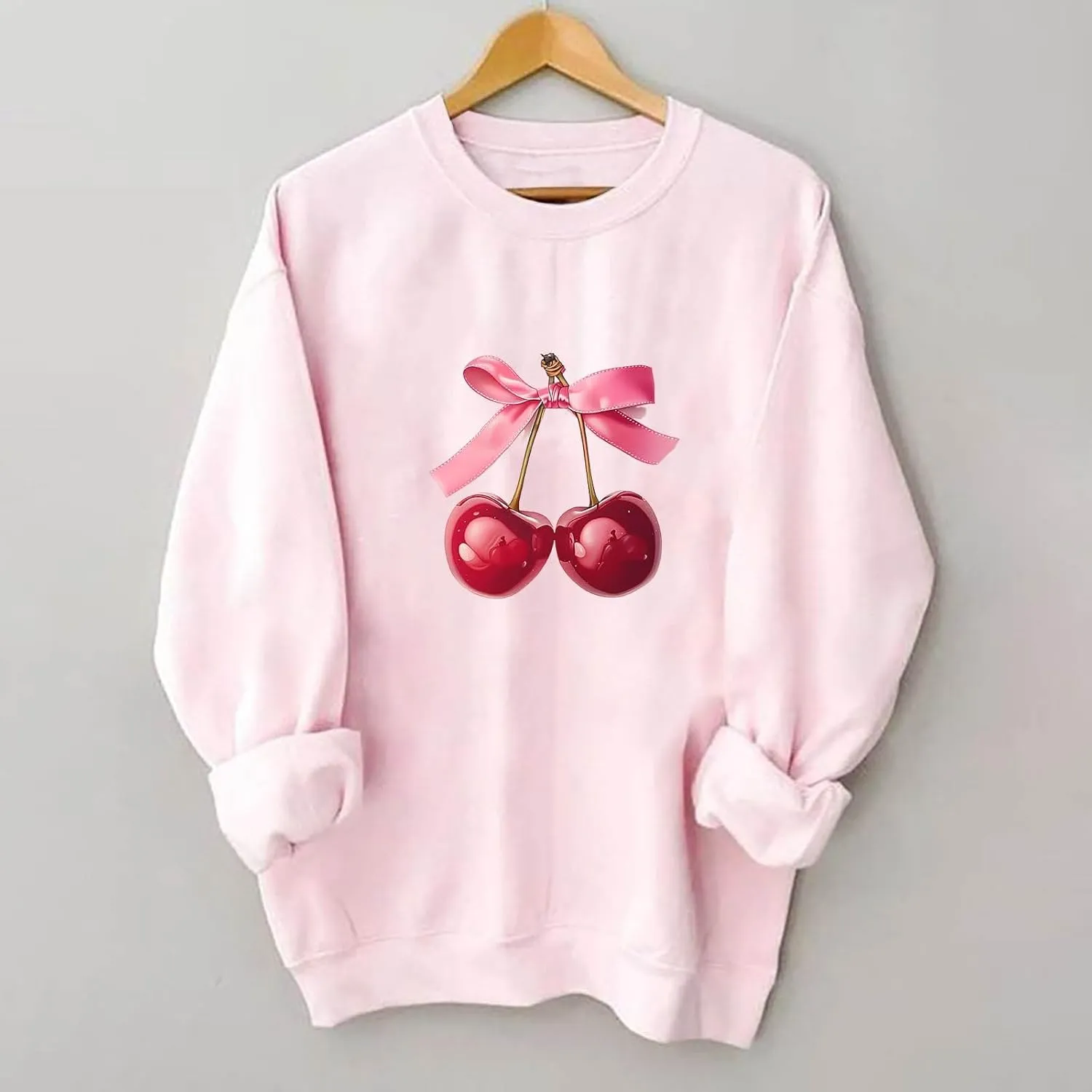 Akklian Cute Sweatshirt for Women Cherry Bow Print Long Sleeve Kawaii Pullover Oversized Loose Teen Girl Preppy Clothes Pink