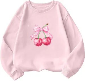 Akklian Cute Sweatshirt for Women Cherry Bow Print Long Sleeve Kawaii Pullover Oversized Loose Teen Girl Preppy Clothes Pink