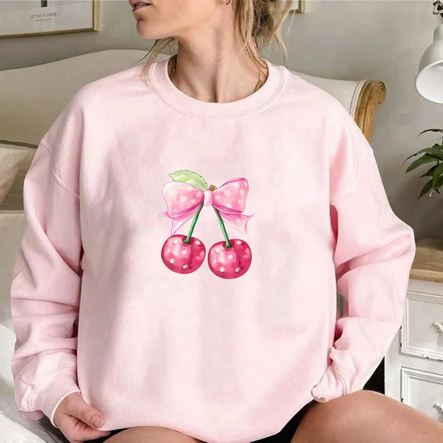 Akklian Cute Sweatshirt for Women Cherry Bow Print Long Sleeve Kawaii Pullover Oversized Loose Teen Girl Preppy Clothes Pink