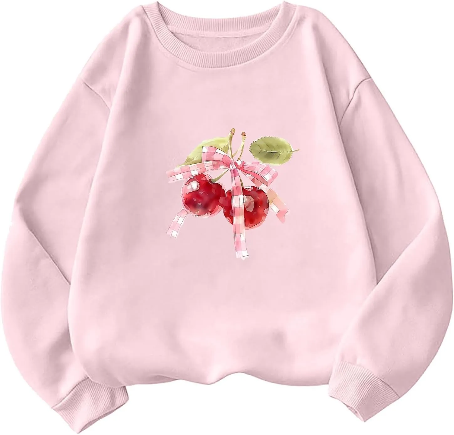 Akklian Cute Sweatshirt for Women Cherry Bow Print Long Sleeve Kawaii Pullover Oversized Loose Teen Girl Preppy Clothes Pink