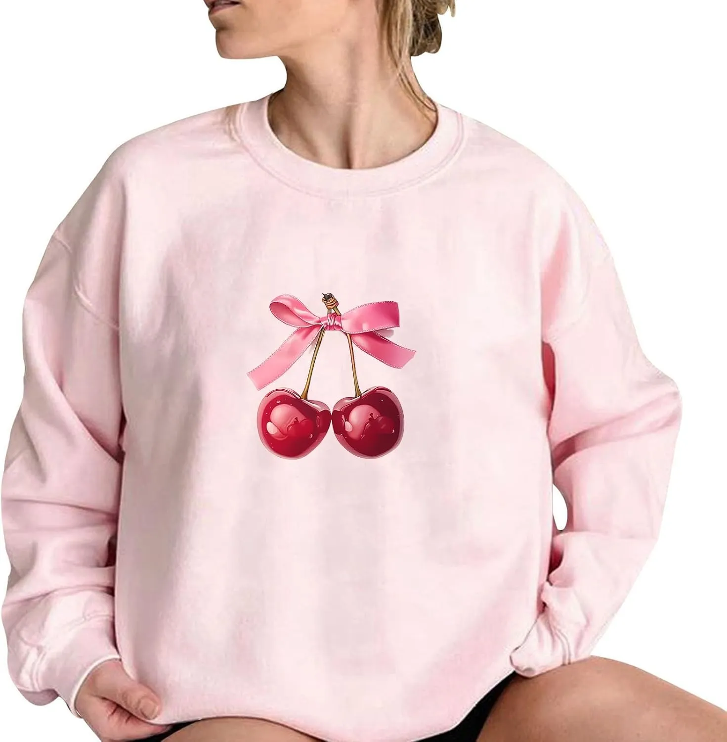 Akklian Cute Sweatshirt for Women Cherry Bow Print Long Sleeve Kawaii Pullover Oversized Loose Teen Girl Preppy Clothes Pink