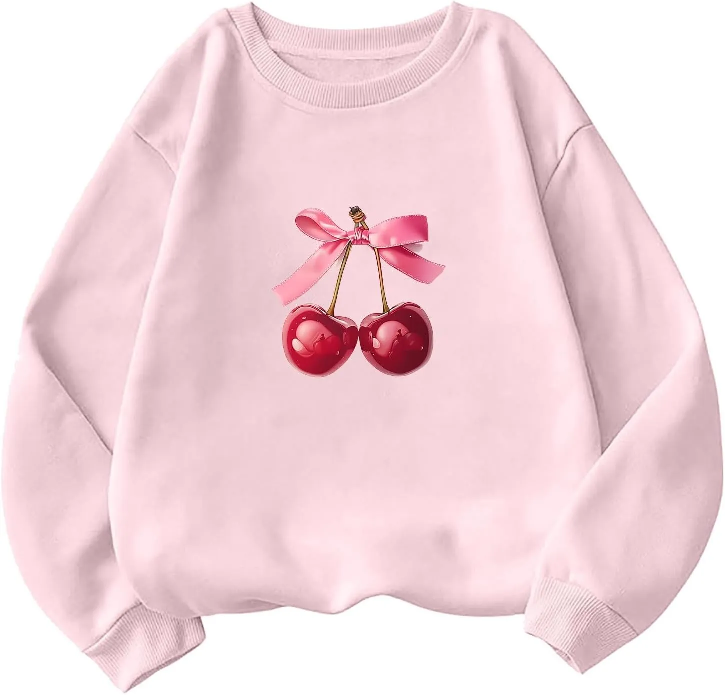 Akklian Cute Sweatshirt for Women Cherry Bow Print Long Sleeve Kawaii Pullover Oversized Loose Teen Girl Preppy Clothes Pink