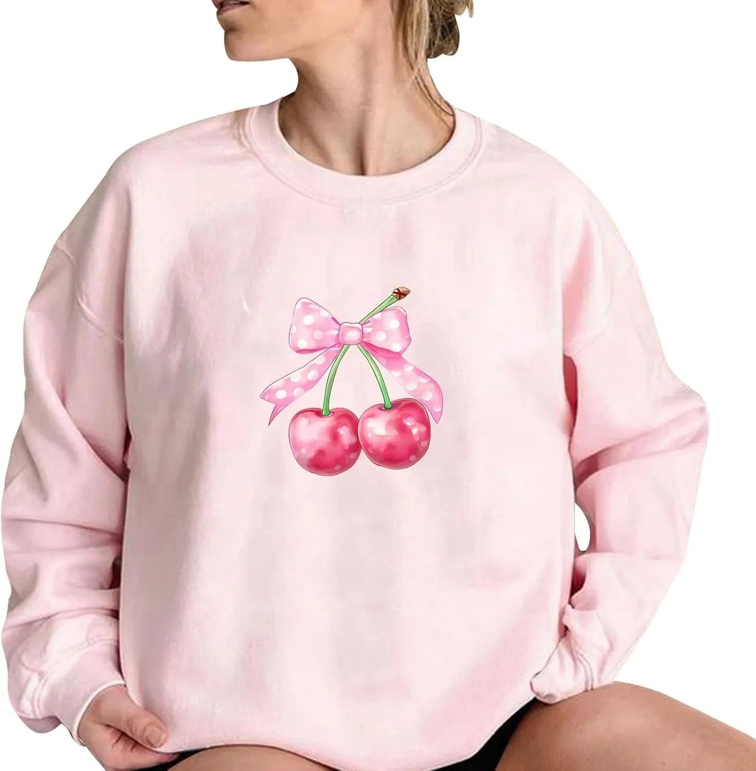 Akklian Cute Sweatshirt for Women Cherry Bow Print Long Sleeve Kawaii Pullover Oversized Loose Teen Girl Preppy Clothes Pink