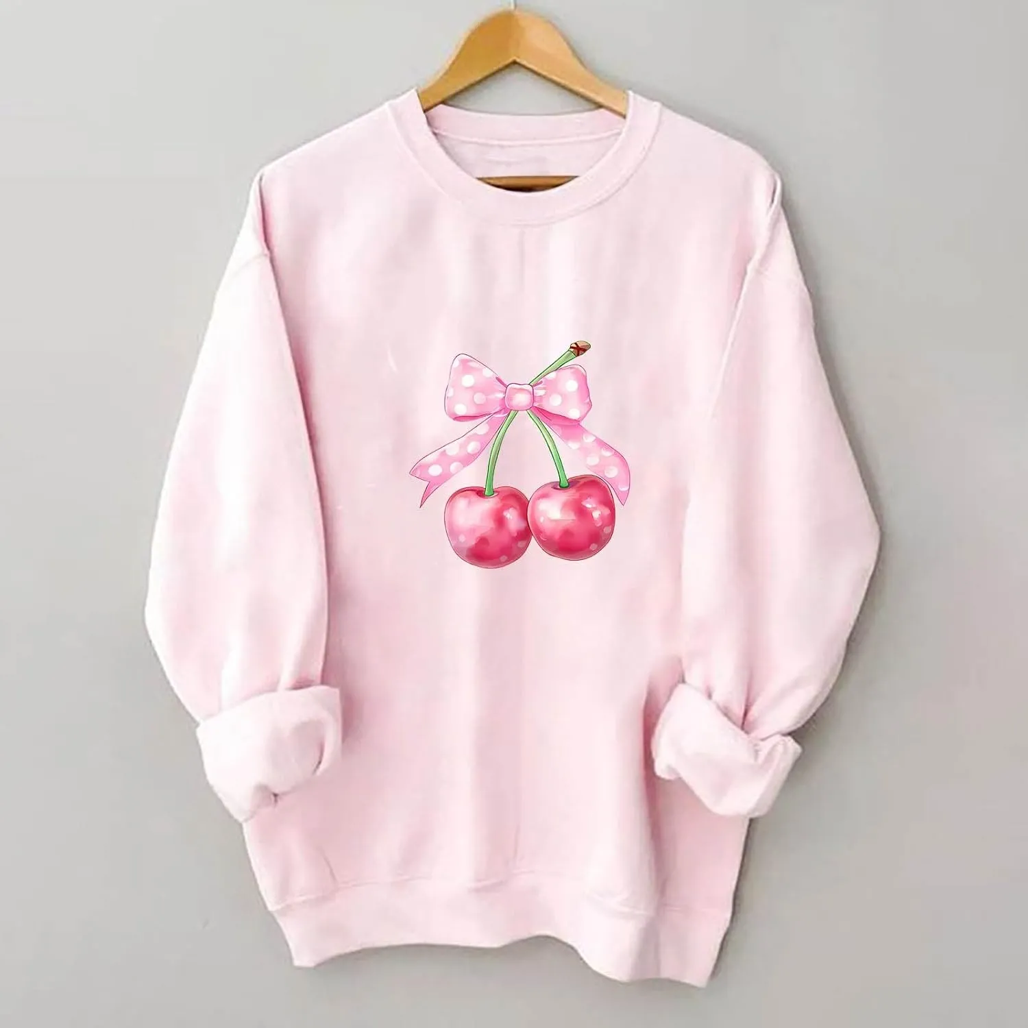 Akklian Cute Sweatshirt for Women Cherry Bow Print Long Sleeve Kawaii Pullover Oversized Loose Teen Girl Preppy Clothes Pink
