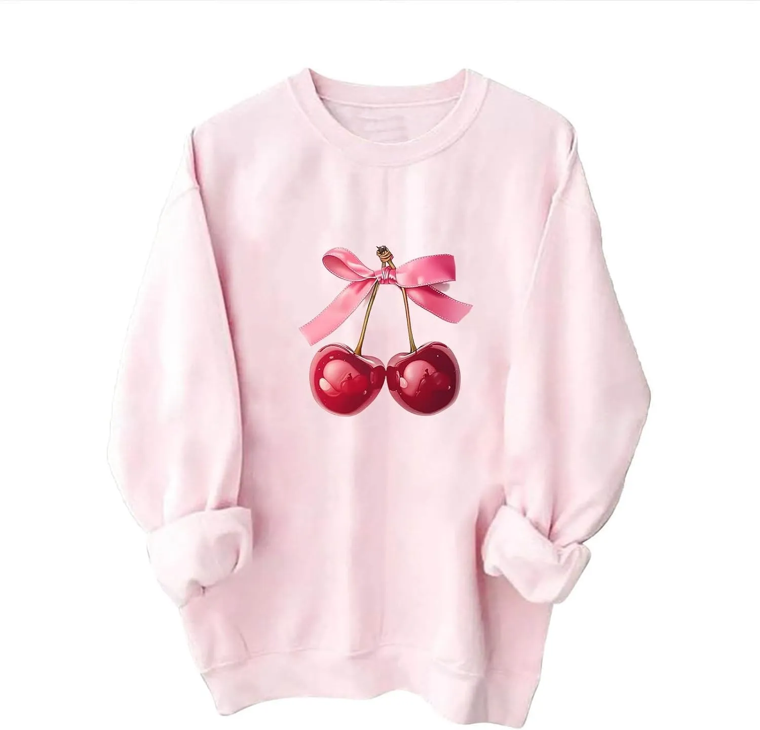 Akklian Cute Sweatshirt for Women Cherry Bow Print Long Sleeve Kawaii Pullover Oversized Loose Teen Girl Preppy Clothes Pink