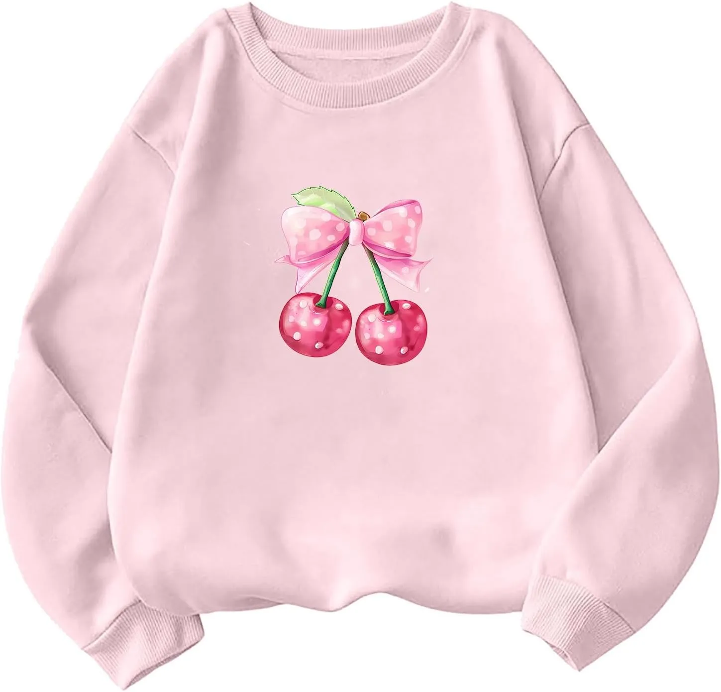 Akklian Cute Sweatshirt for Women Cherry Bow Print Long Sleeve Kawaii Pullover Oversized Loose Teen Girl Preppy Clothes Pink