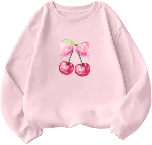 Akklian Cute Sweatshirt for Women Cherry Bow Print Long Sleeve Kawaii Pullover Oversized Loose Teen Girl Preppy Clothes Pink
