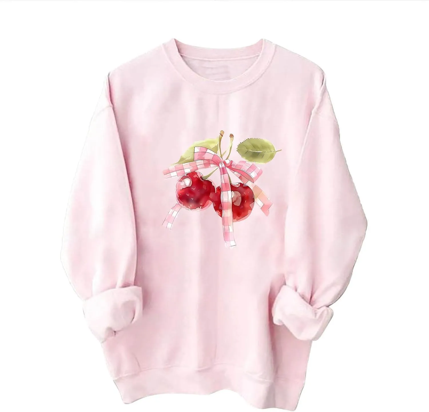 Akklian Cute Sweatshirt for Women Cherry Bow Print Long Sleeve Kawaii Pullover Oversized Loose Teen Girl Preppy Clothes Pink
