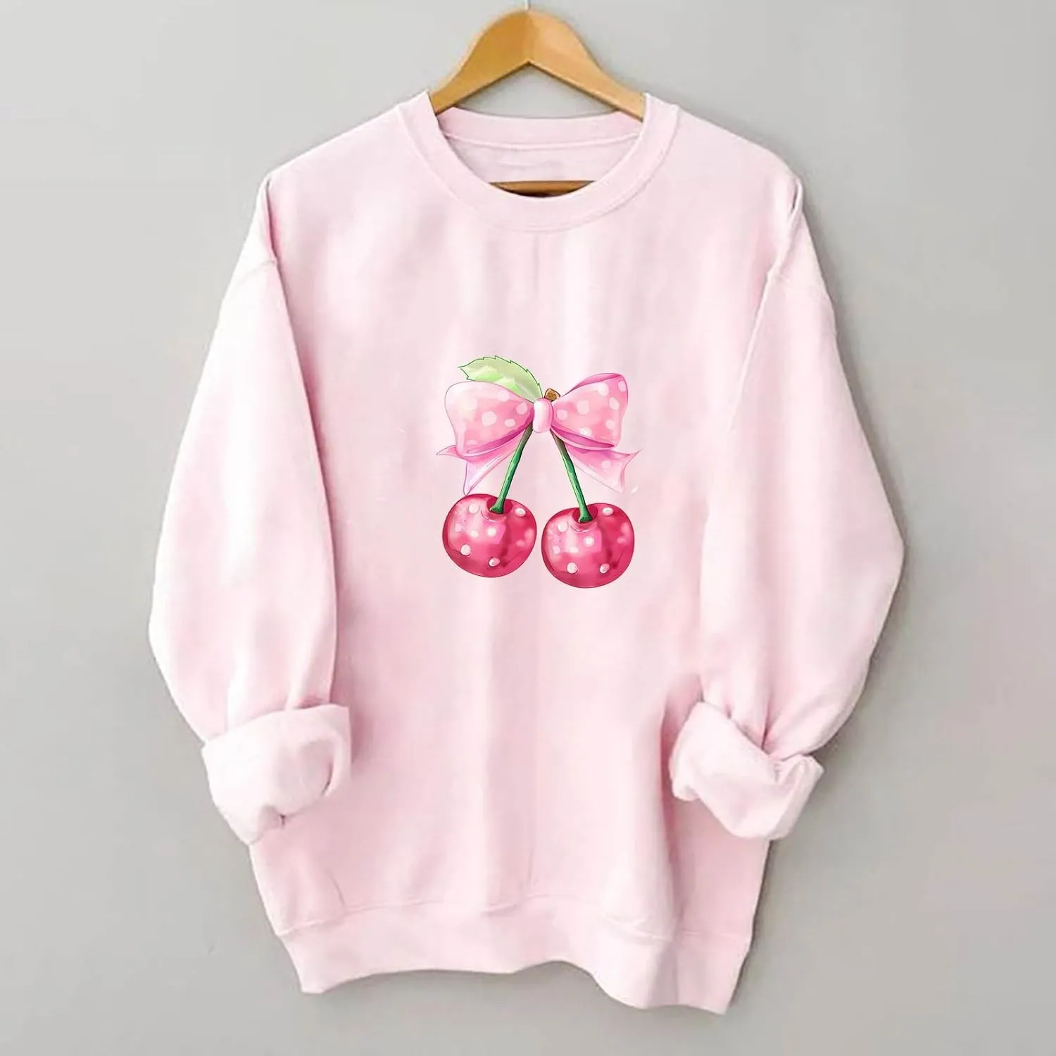 Akklian Cute Sweatshirt for Women Cherry Bow Print Long Sleeve Kawaii Pullover Oversized Loose Teen Girl Preppy Clothes Pink