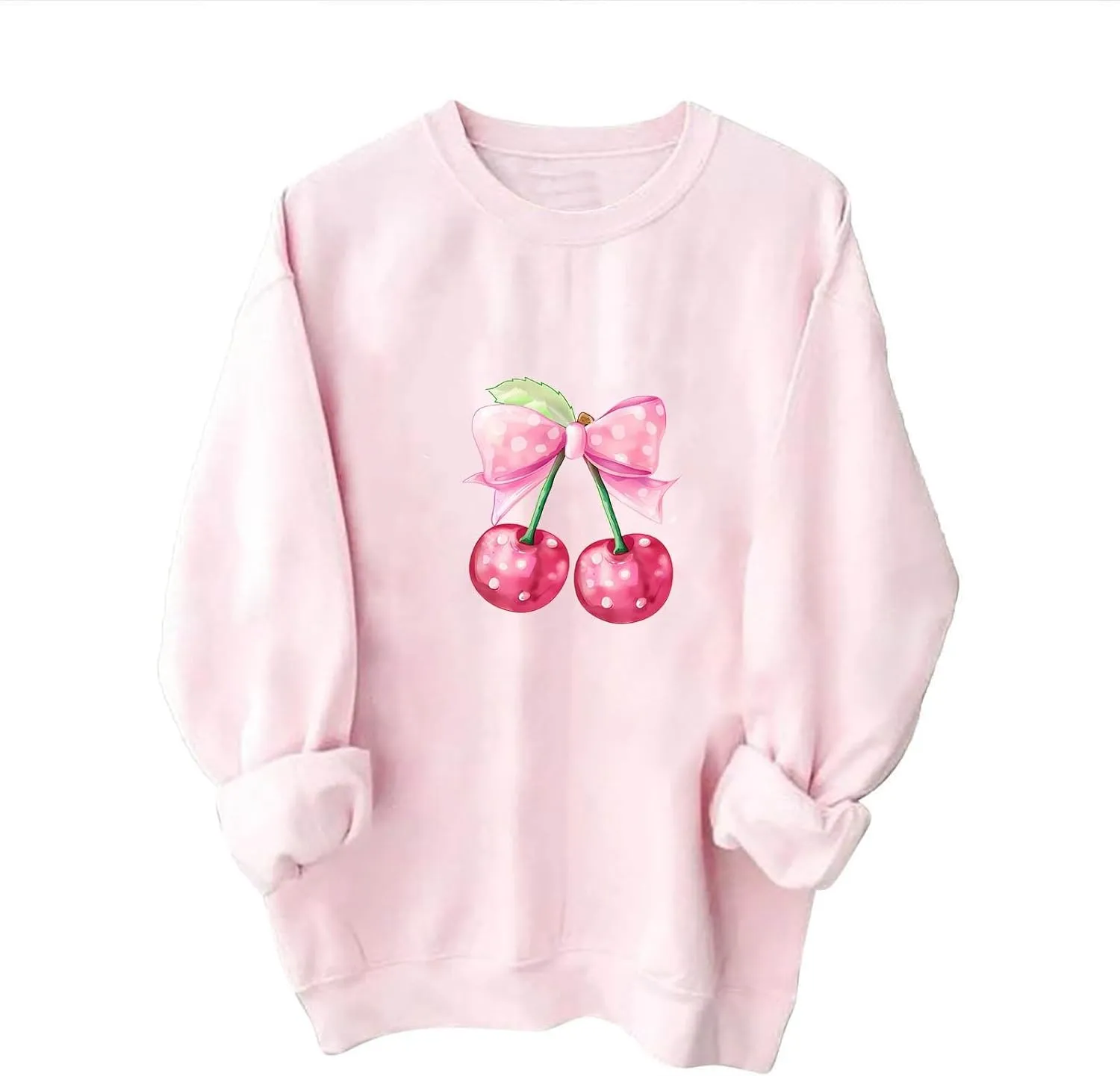 Akklian Cute Sweatshirt for Women Cherry Bow Print Long Sleeve Kawaii Pullover Oversized Loose Teen Girl Preppy Clothes Pink
