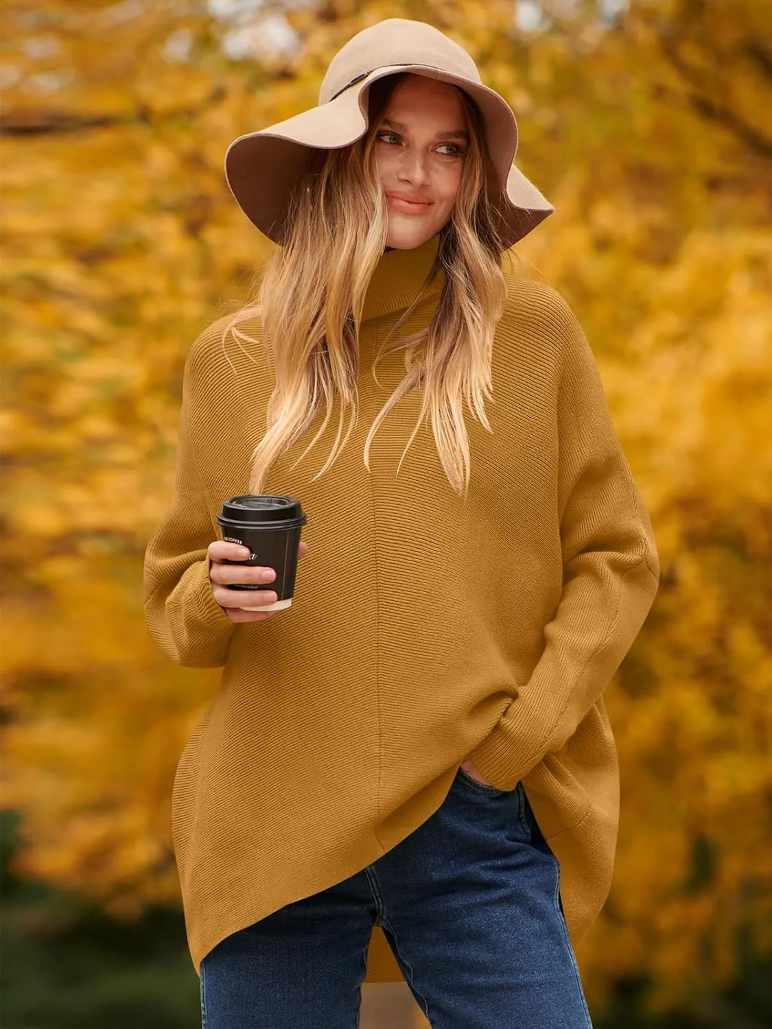 ANRABESS Womens Oversized Turtleneck Batwing Long Sleeve Casual Cozy Baggy Knit Pullover Tunic Sweater 2024 Fall Outfits