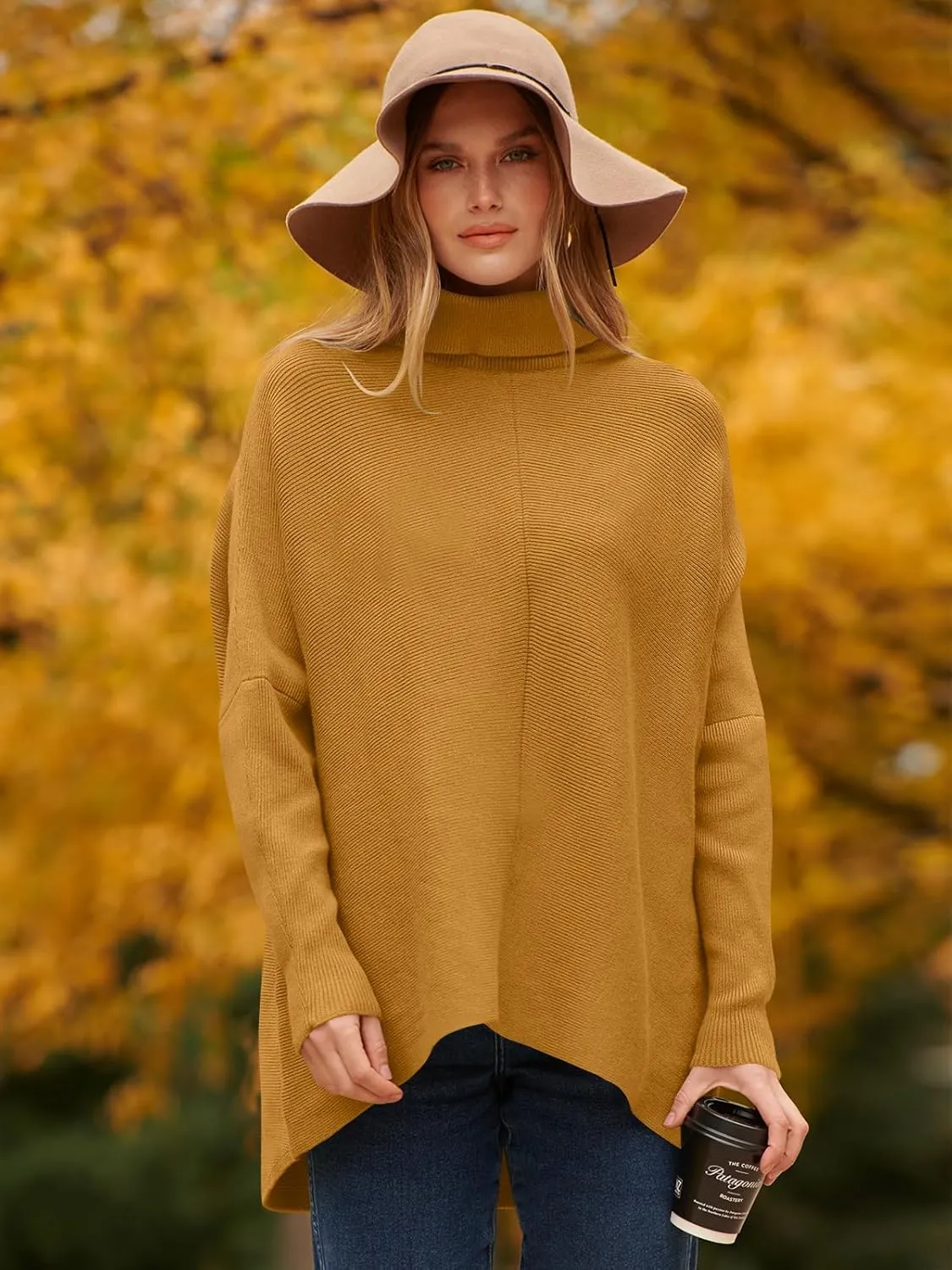 ANRABESS Womens Oversized Turtleneck Batwing Long Sleeve Casual Cozy Baggy Knit Pullover Tunic Sweater 2024 Fall Outfits