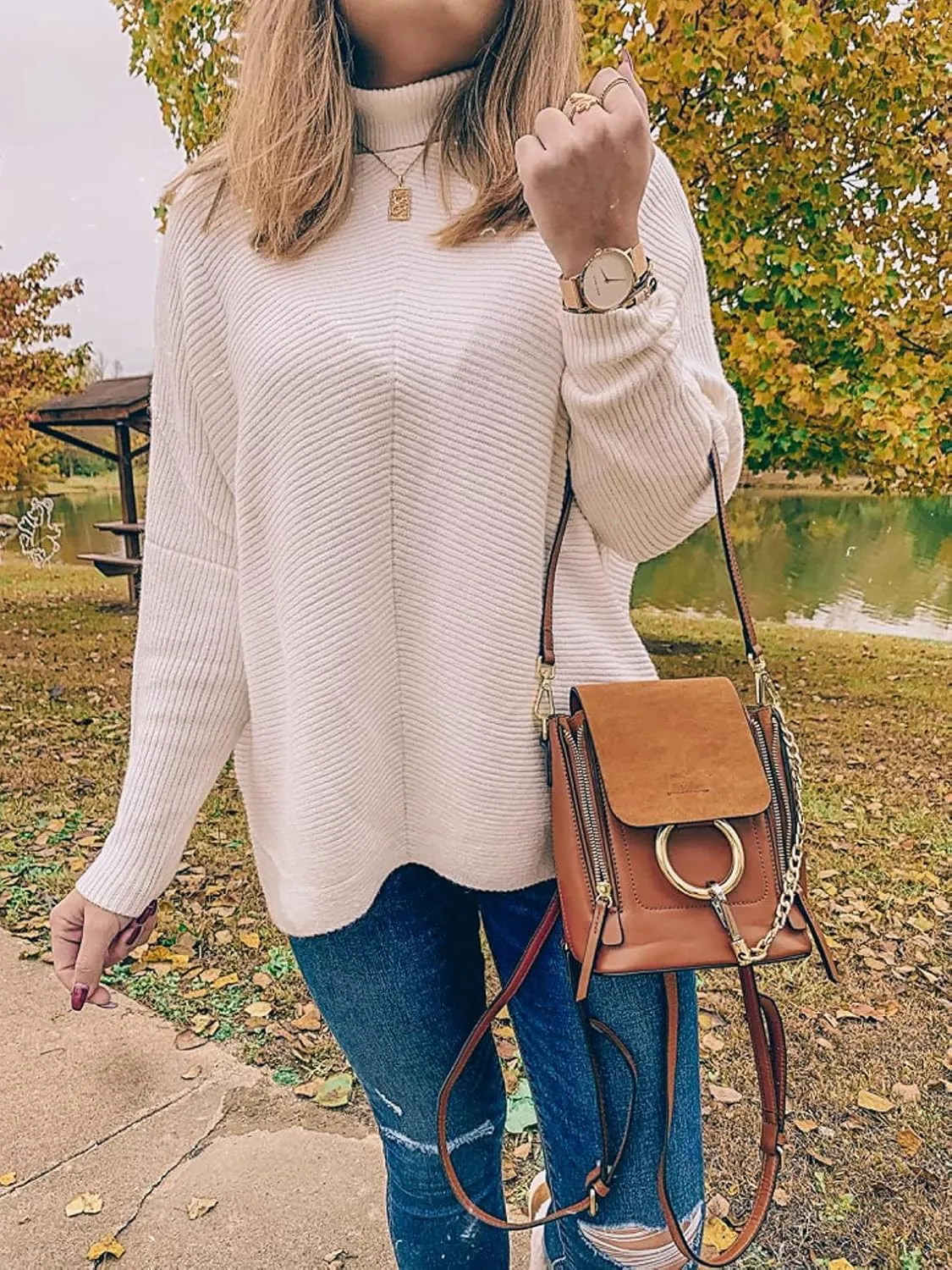ANRABESS Womens Oversized Turtleneck Batwing Long Sleeve Casual Cozy Baggy Knit Pullover Tunic Sweater 2024 Fall Outfits