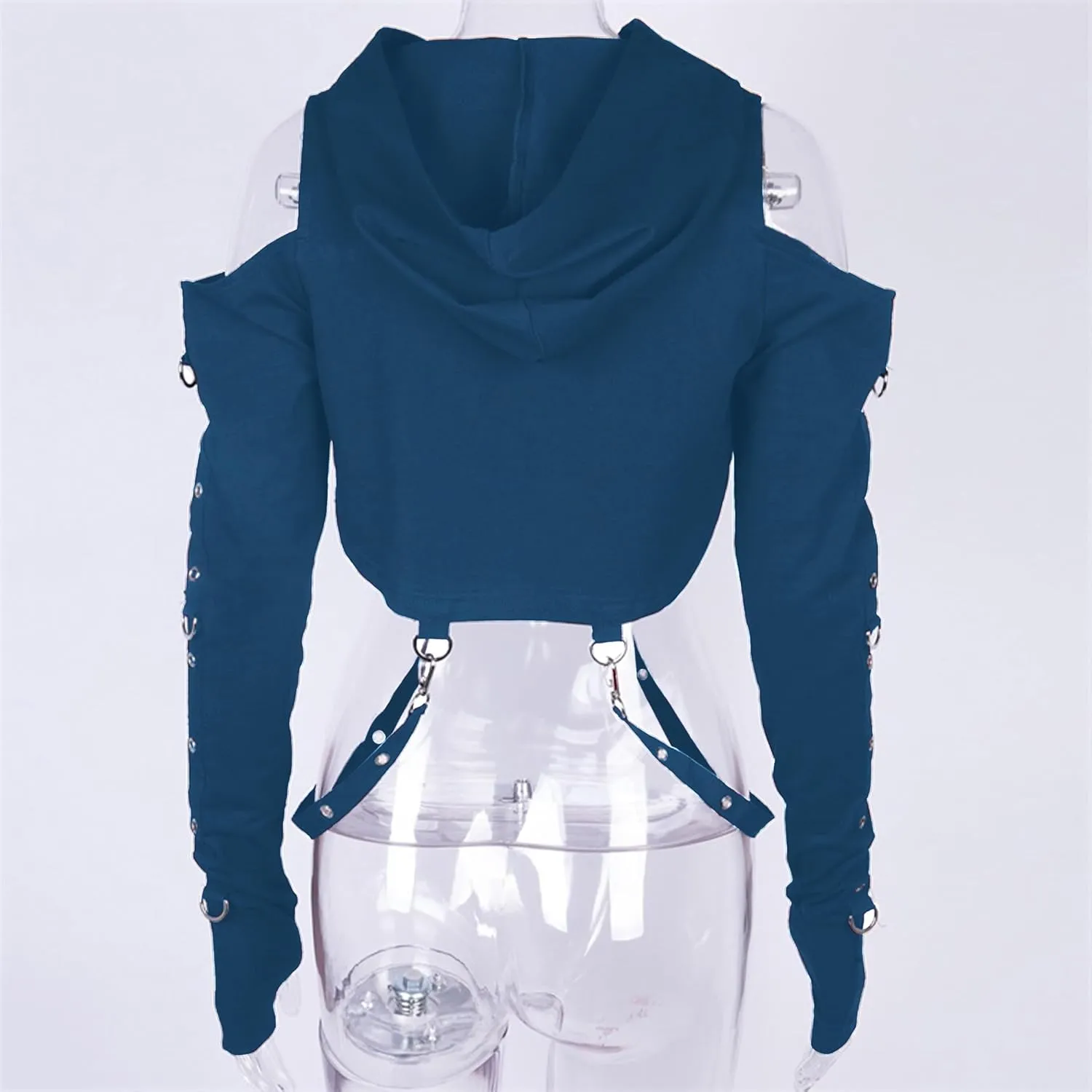 AULKEEP Gothic Punk Long Sleeve Cold Shoulder Hooded Crop Tops Buckle Strap Hoodie Sweatshirt