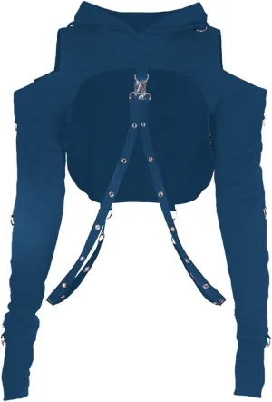 AULKEEP Gothic Punk Long Sleeve Cold Shoulder Hooded Crop Tops Buckle Strap Hoodie Sweatshirt