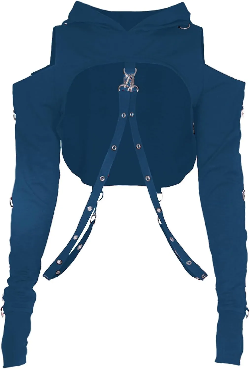 AULKEEP Gothic Punk Long Sleeve Cold Shoulder Hooded Crop Tops Buckle Strap Hoodie Sweatshirt