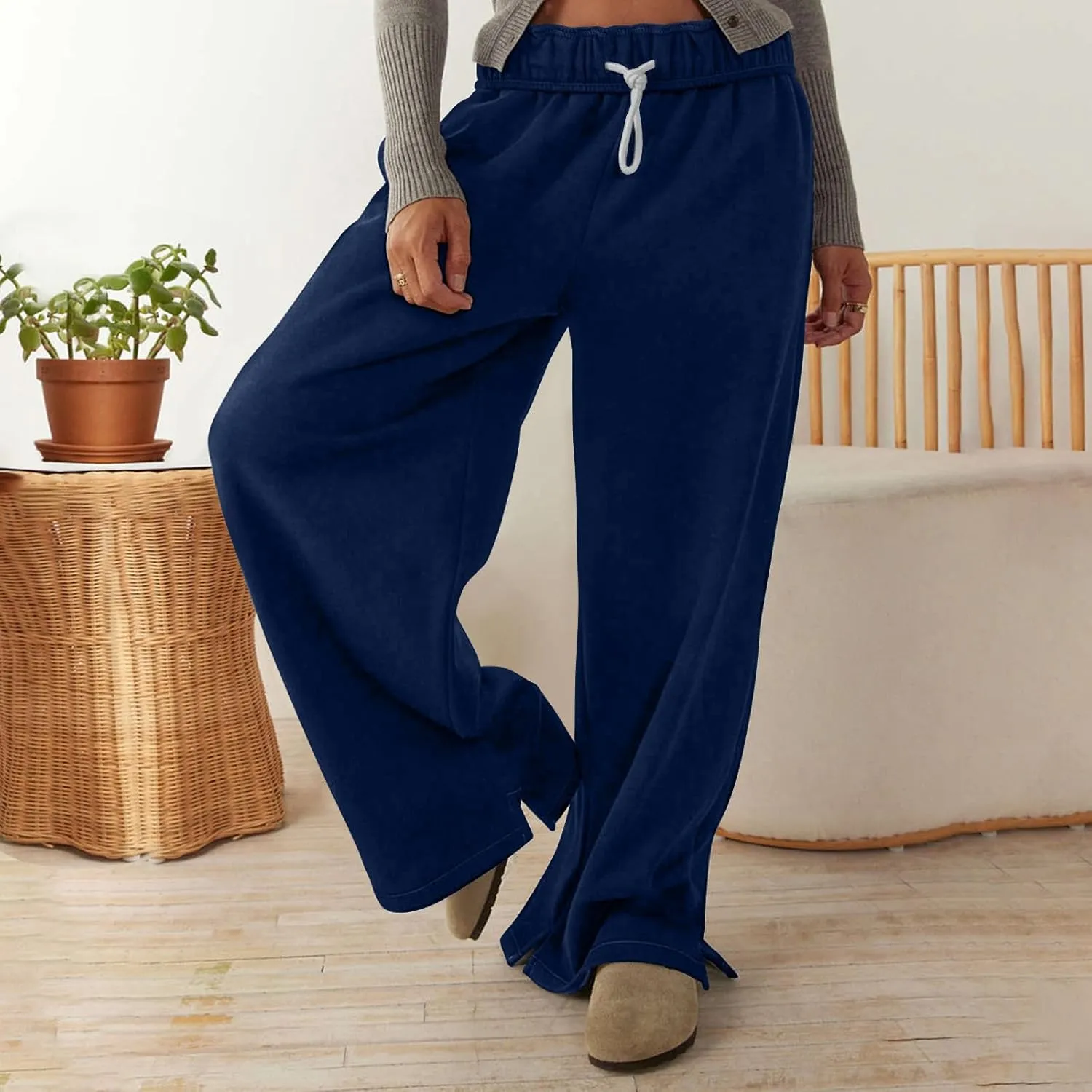 Baggy Sweat Pants for Women Elastic Wide Leg Pant Drawstring Elastic Waist Trouser Solid Plus Size Pant with Pockets