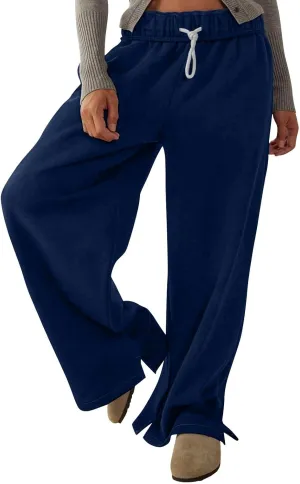 Baggy Sweat Pants for Women Elastic Wide Leg Pant Drawstring Elastic Waist Trouser Solid Plus Size Pant with Pockets