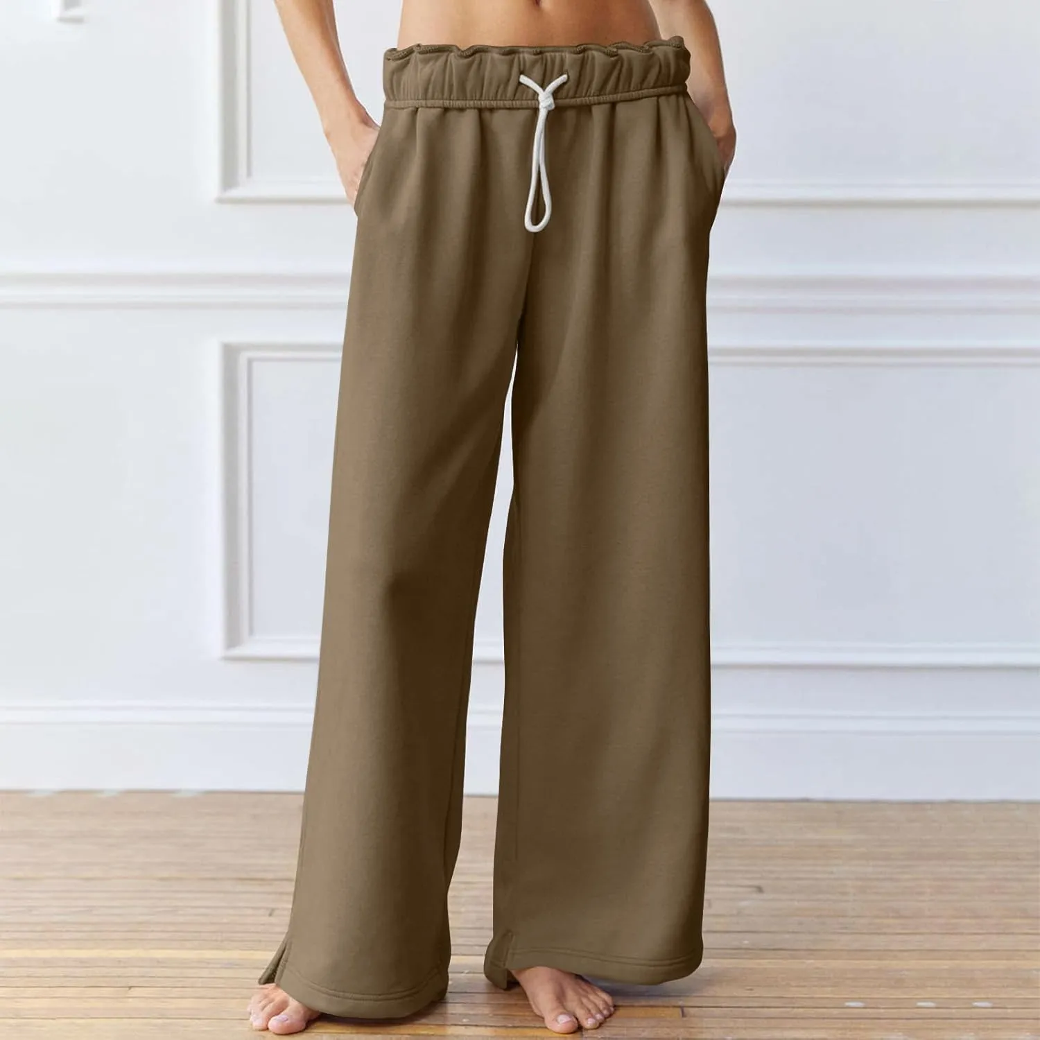 Baggy Sweat Pants for Women Elastic Wide Leg Pant Drawstring Elastic Waist Trouser Solid Plus Size Pant with Pockets